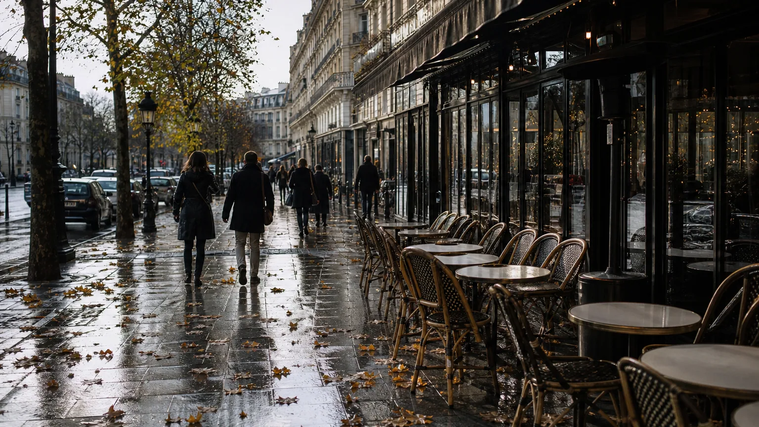 Trottoir parisien mouillé un jour d'automne, terrasse de café déserte et passants en manteaux sous un ciel gris, feuilles jaunies au sol.