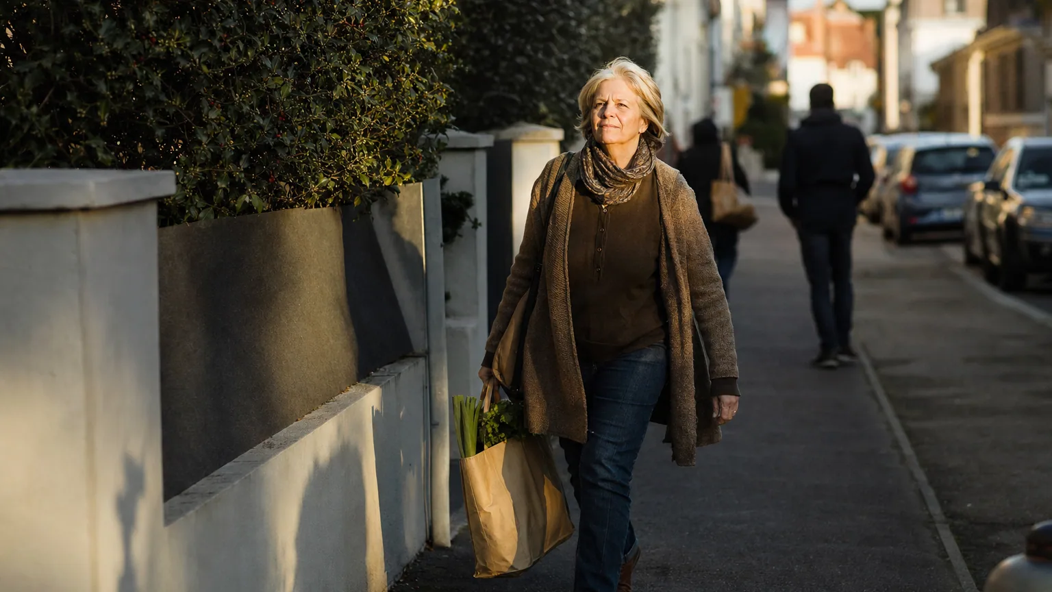 Une femme âgée marche d'un pas vif sur un trottoir d'une rue résidentielle en fin d'après-midi.