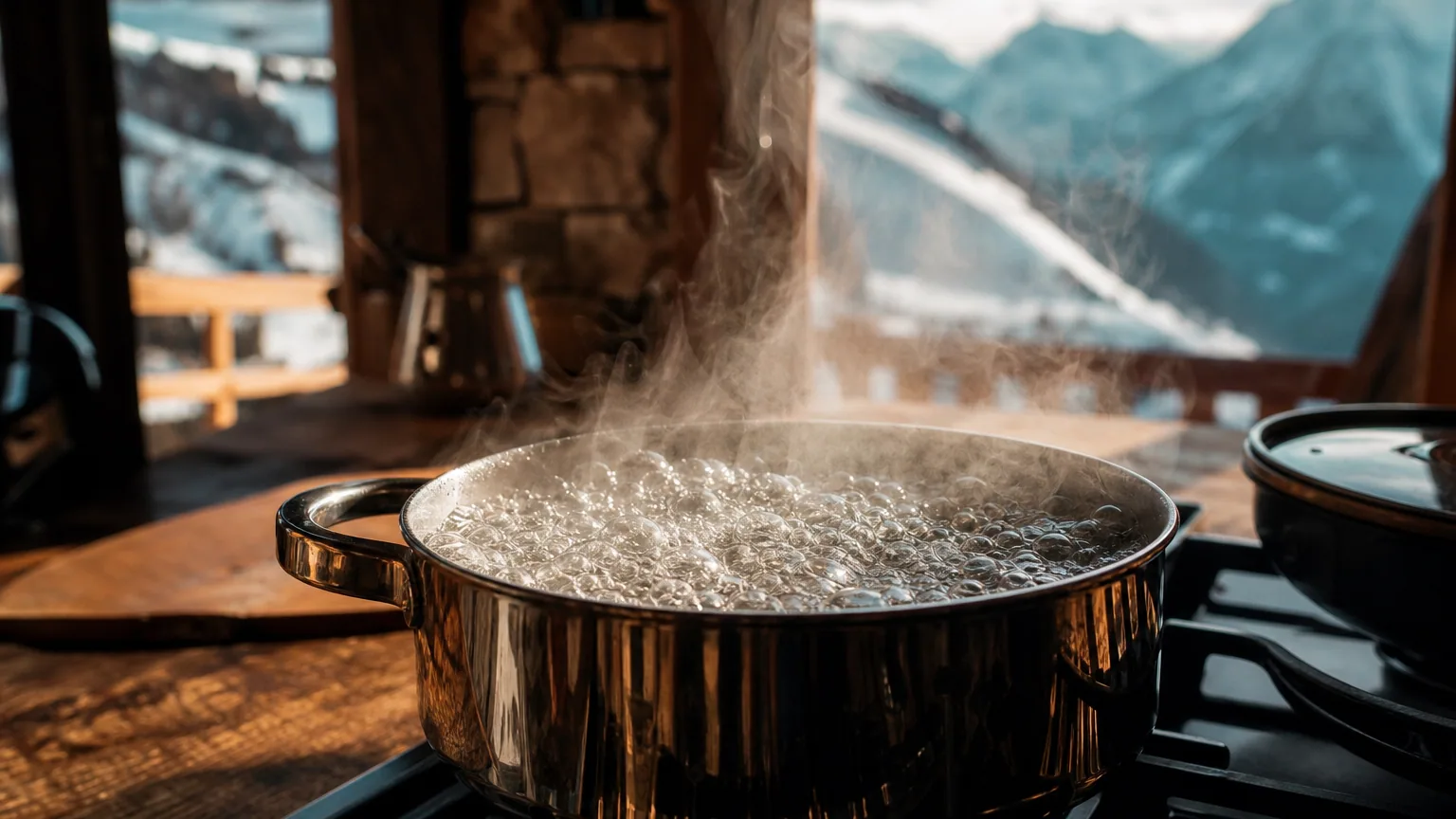 Casserole d'eau qui bout sur une cuisinière dans un chalet de montagne, fenêtre avec vue sur les sommets enneigés.