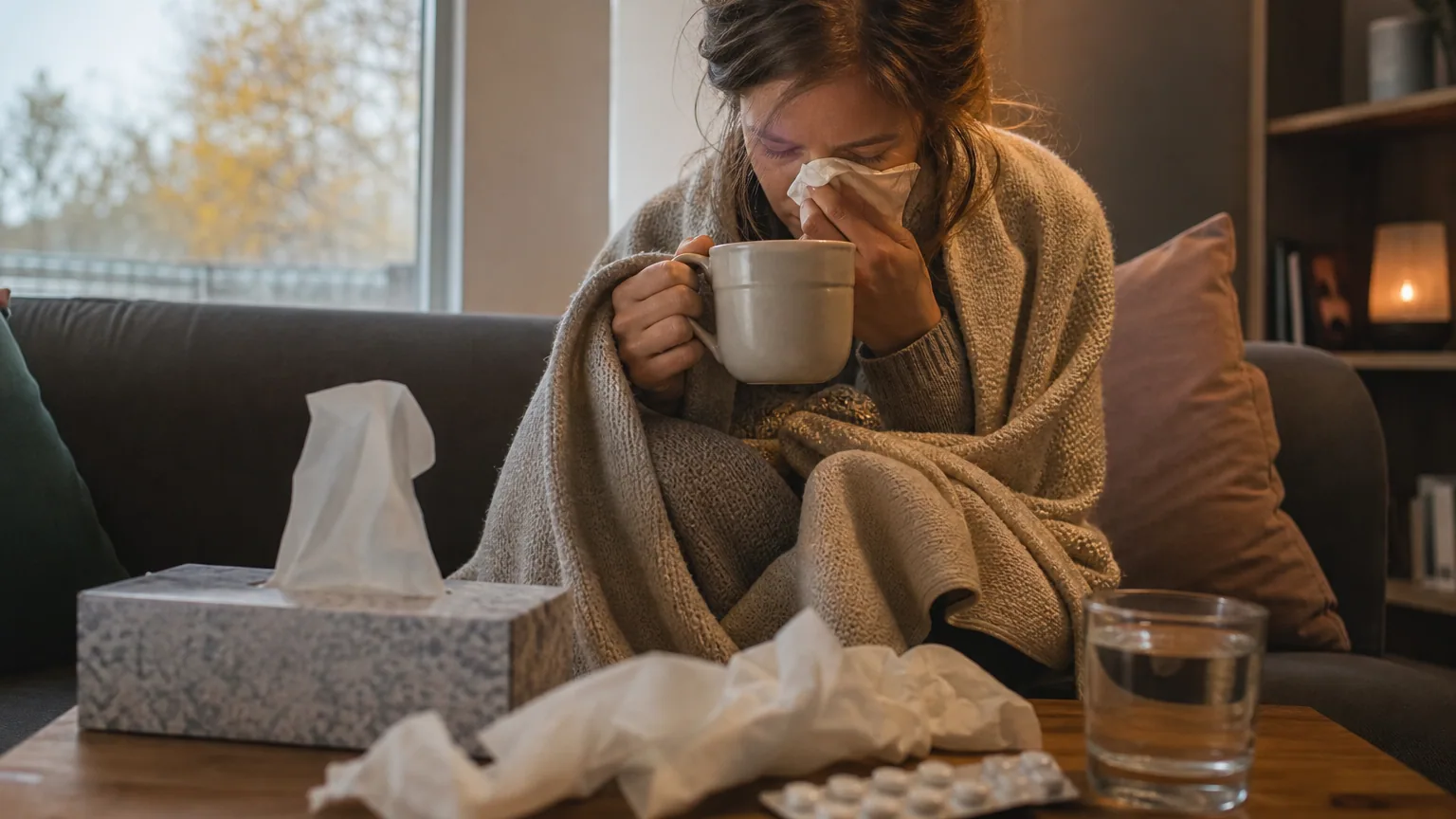 Personne enrhumée sous un plaid tenant une tasse de tisane, avec une boîte de mouchoirs et une plaquette de comprimés sur la table basse.