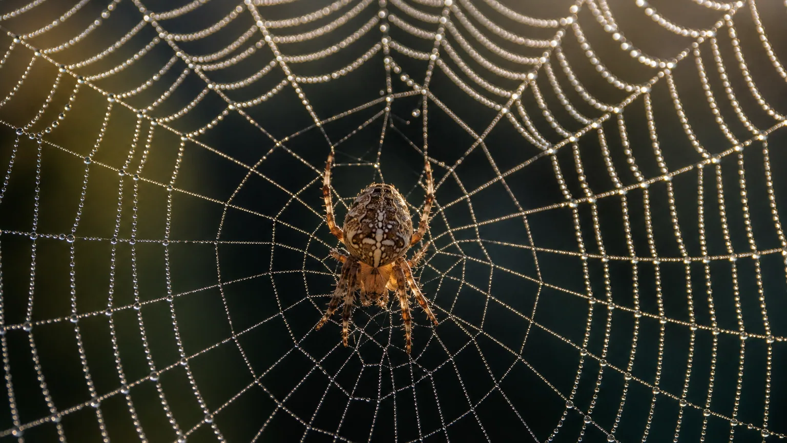 Gros plan d'une araignée orbitèle au centre de sa toile géométrique couverte de gouttelettes de rosée scintillantes, dans une lumière dorée du matin sur fond sombre.