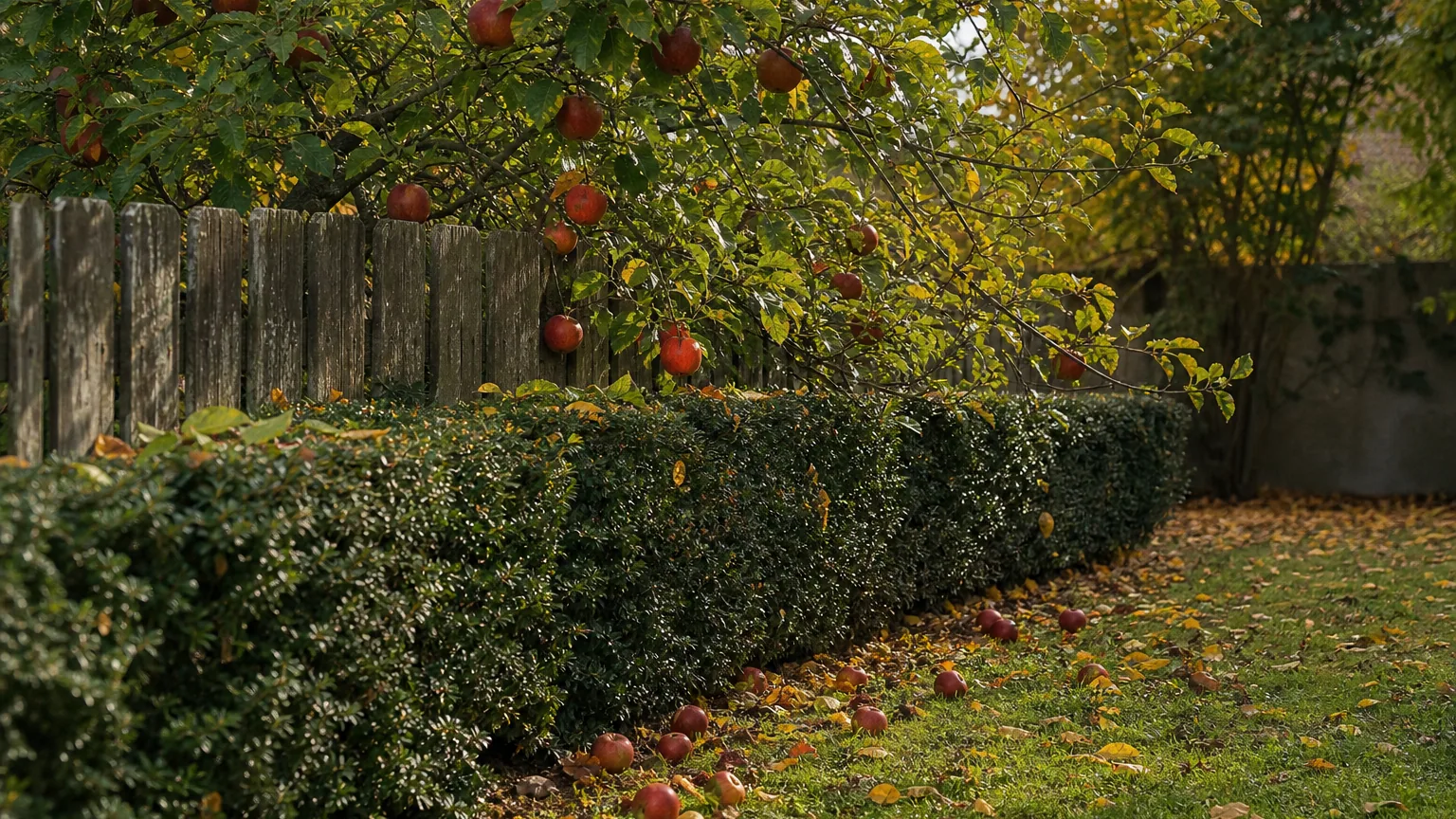 Branches chargées de pommes d'un arbre voisin dépassant au-dessus d'une clôture de jardin en automne, avec des fruits tombés dans l'herbe.