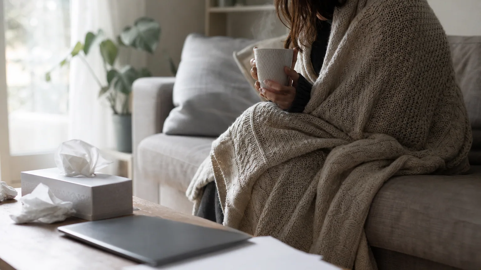 Personne enrhumée assise sur un canapé sous un plaid, une tasse à la main, avec des mouchoirs et un ordinateur portable fermé sur la table basse.