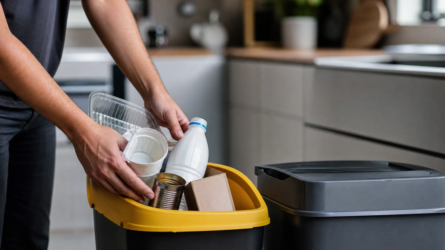 Mains déposant des emballages vides, pot de yaourt, barquette et bouteille en plastique, dans une poubelle de tri à couvercle jaune dans une cuisine.