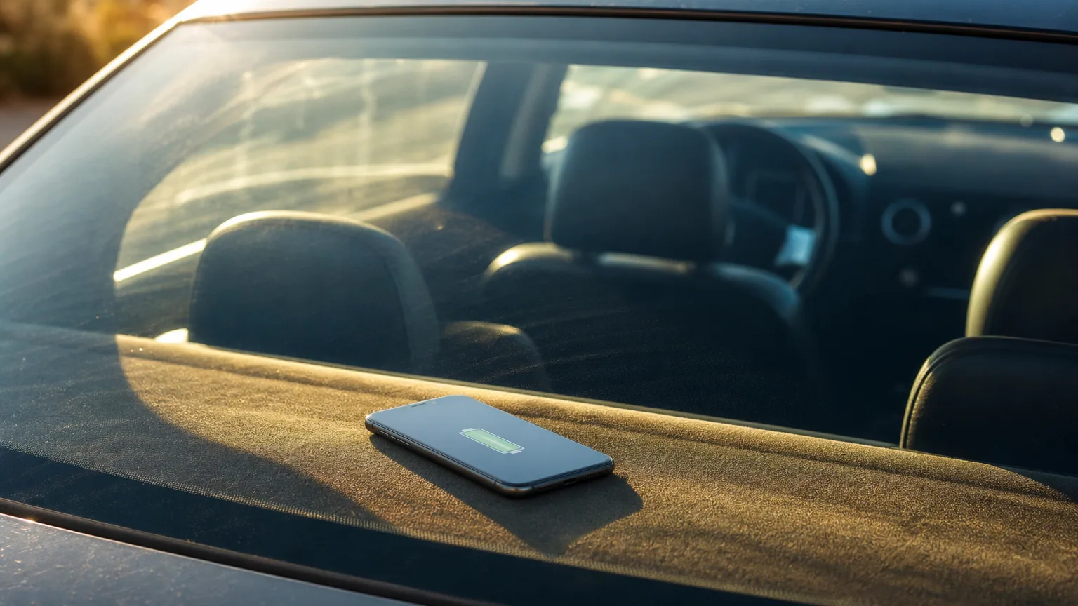 Smartphone posé sur une plage arrière de voiture en plein soleil, écran affichant un pourcentage de batterie faible, lumière chaude et dorée.