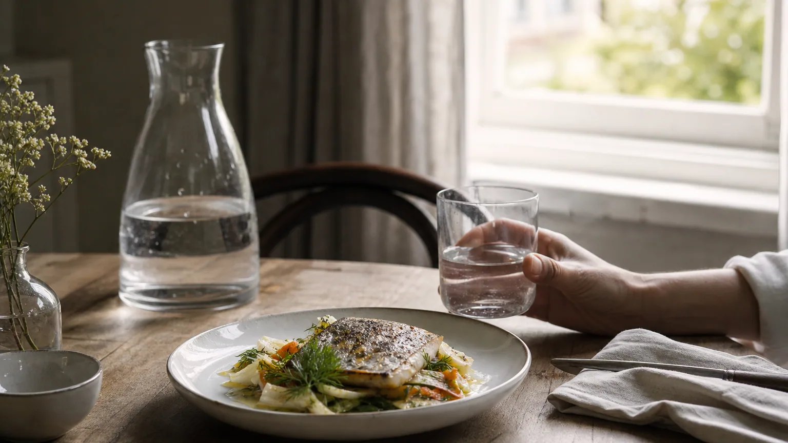 Carafe d'eau et verre rempli posés sur une table dressée à côté d'une assiette de légumes et de poisson, au moment du repas.