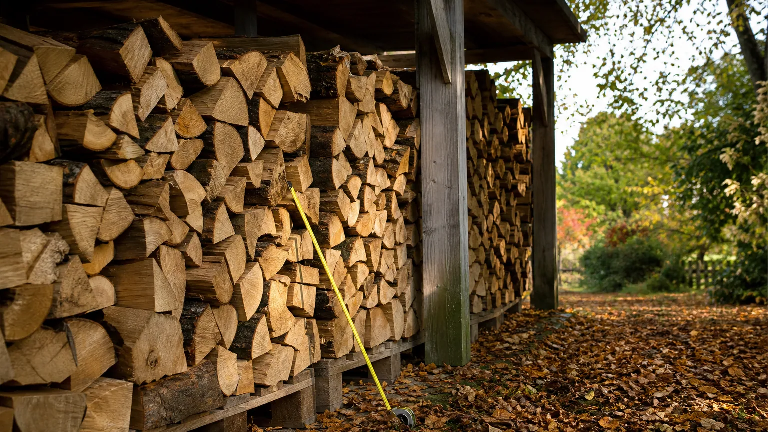 Pile de bûches fendues rangée sur des palettes sous un abri couvert, avec un mètre ruban déroulé contre le bois, dans un jardin d'automne.