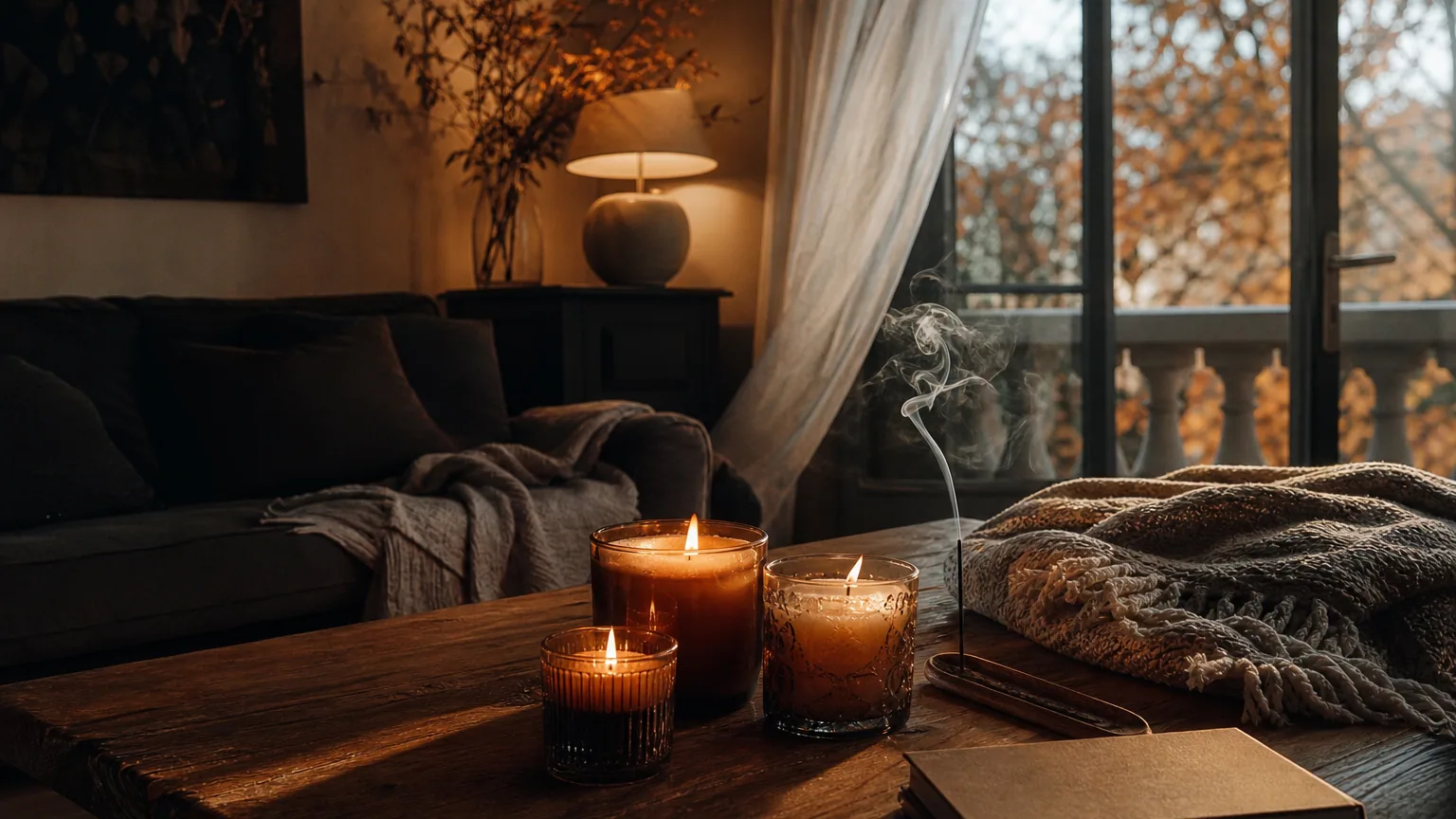 Bougies parfumées allumées et bâton d'encens fumant sur une table basse de salon en automne, près d'une porte-fenêtre.