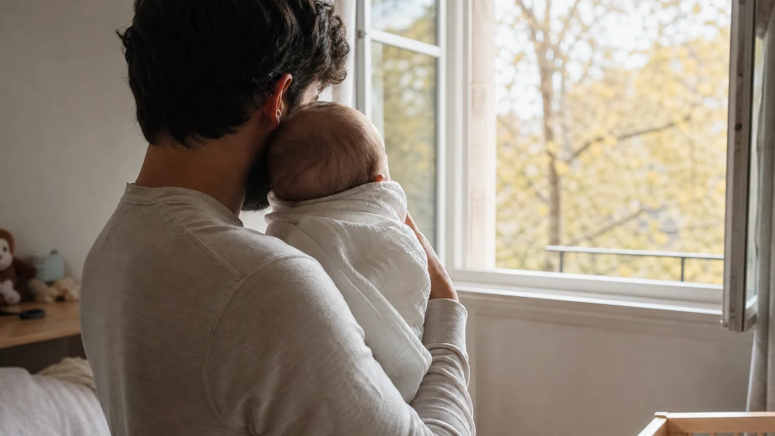 Parent tenant contre son épaule un bébé emmailloté dans une couverture, dans une chambre douce et lumineuse un jour d'automne.