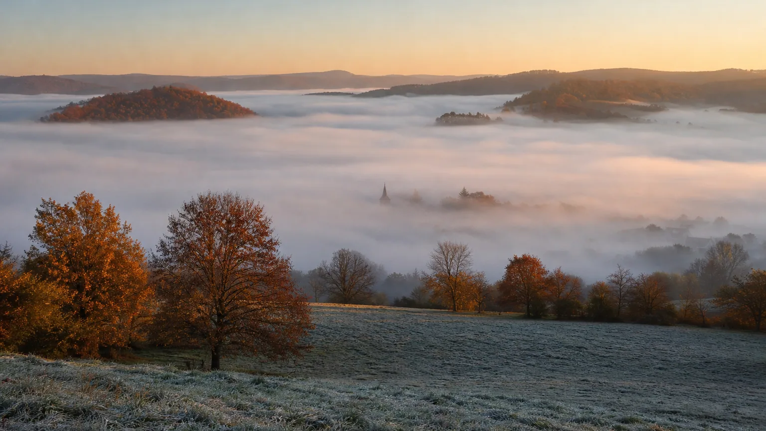 Vallée noyée sous une nappe de brouillard blanc au lever du soleil, collines boisées aux couleurs d'automne émergeant au-dessus.