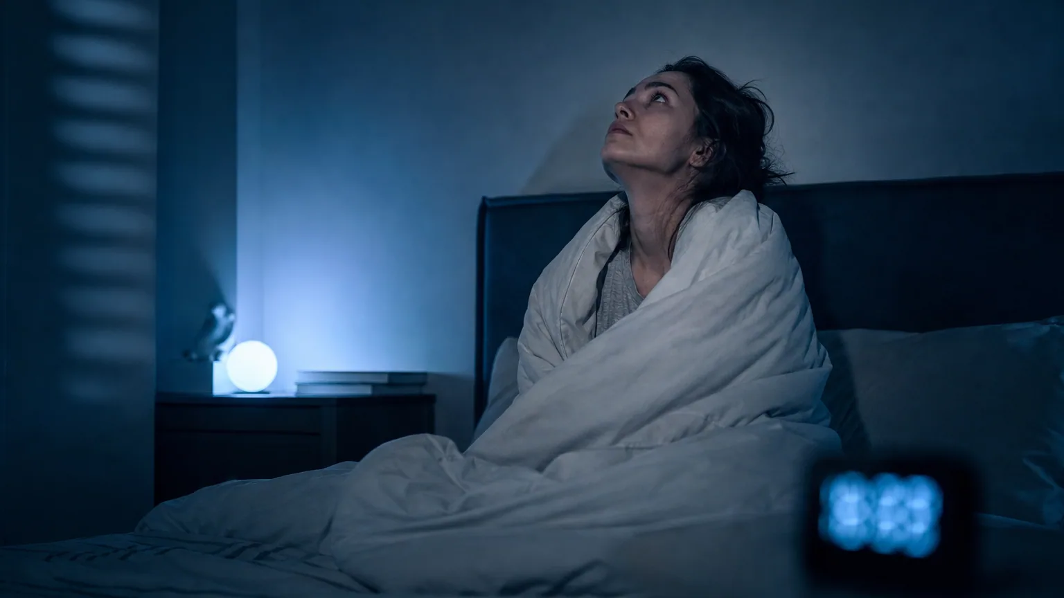 Personne réveillée la nuit assise dans son lit, l'air excédé, regardant le plafond d'où provient le bruit de l'appartement du dessus.