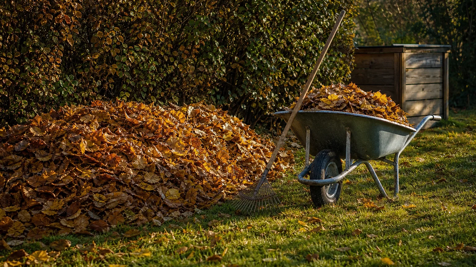 Tas de feuilles mortes ratissées au fond d'un jardin d'automne, à côté d'un râteau et d'une brouette, sous une lumière douce.