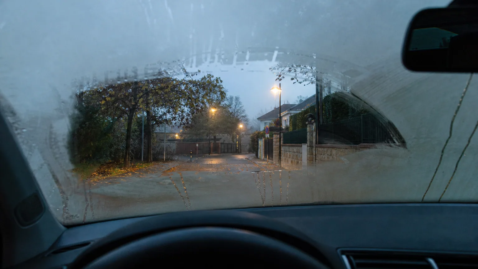 Pare-brise de voiture couvert de buée vu de l'intérieur, avec une trace de main essuyée laissant apercevoir une rue d'automne au petit matin.