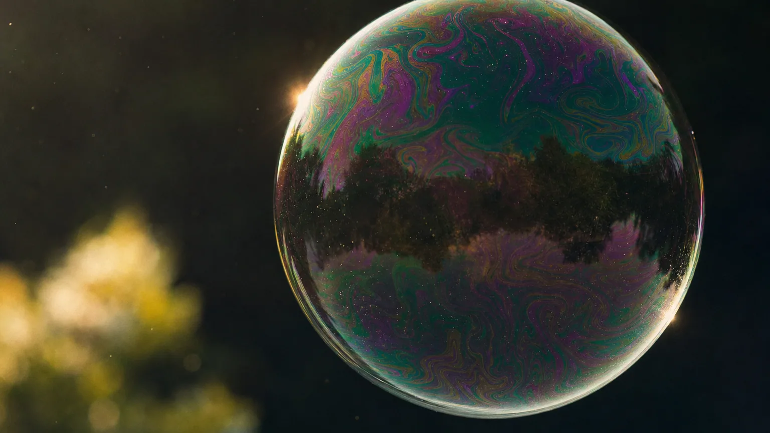 Surface d'une bulle de savon photographiée de près, couverte de marbrures colorées irisées sous une lumière rasante.