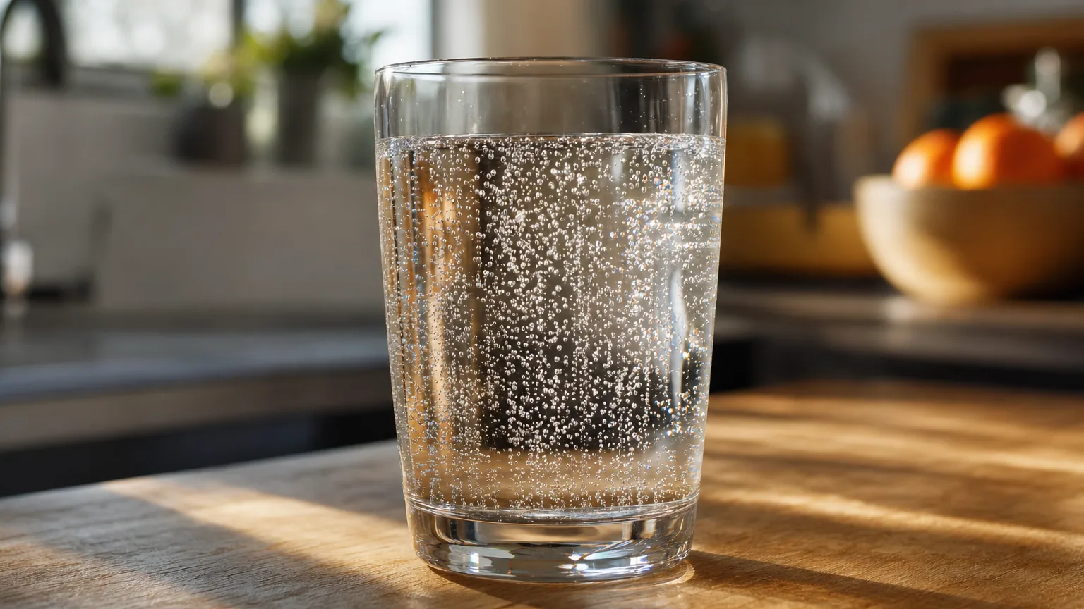 Verre de soda transparent en gros plan avec des chapelets de bulles remontant vers la surface, éclairé par une lumière naturelle douce.