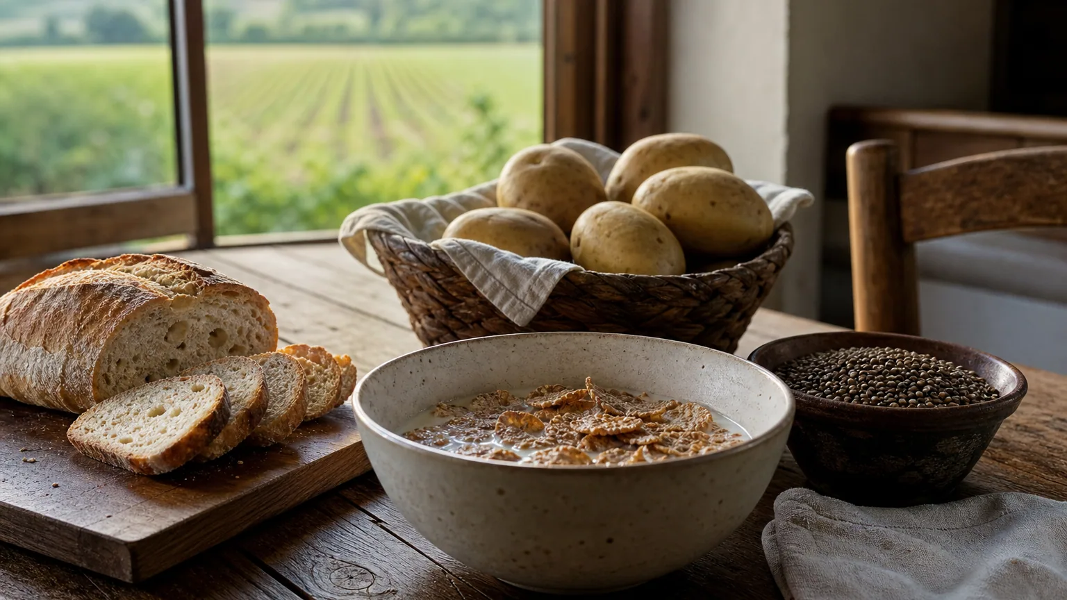 Bol de céréales du petit-déjeuner, tranches de pain et pommes de terre posés sur une table de cuisine, à côté d'un champ de blé en arrière-plan flou.
