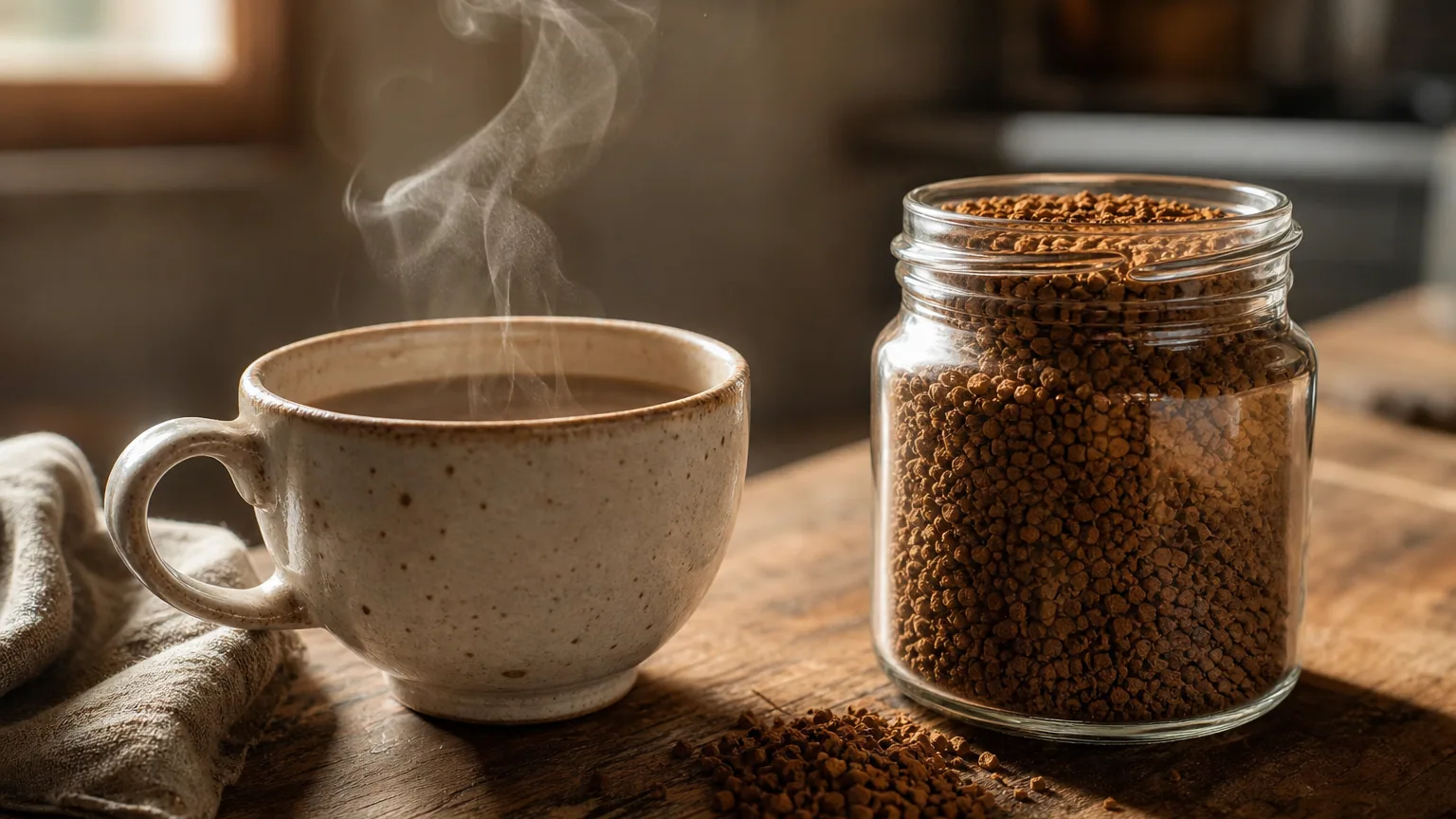 Tasse de café instantané et pot de café soluble en grains lyophilisés posés sur une table en bois, lumière naturelle de cuisine.