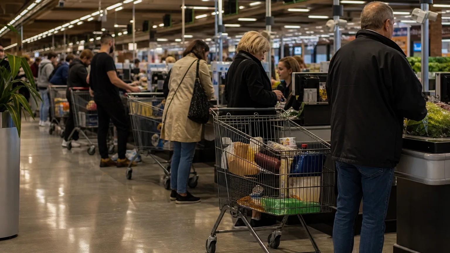 Rangée de caisses de supermarché avec plusieurs clients qui patientent, chariots chargés, lumière artificielle de grande surface.