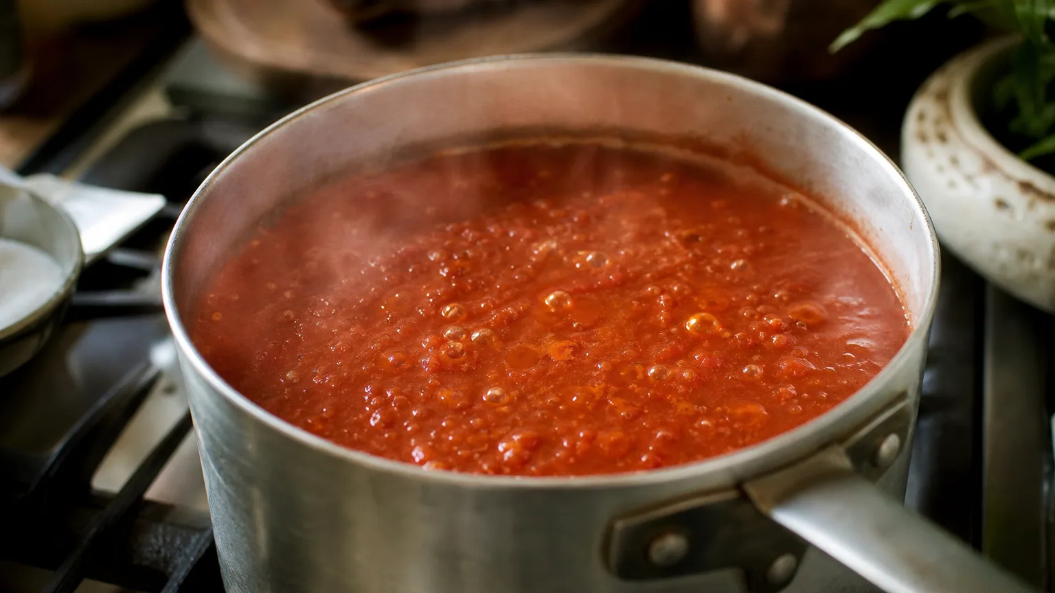 Sauce tomate qui mijote dans une casserole en aluminium sur une cuisinière, vapeur visible, lumière naturelle de cuisine.