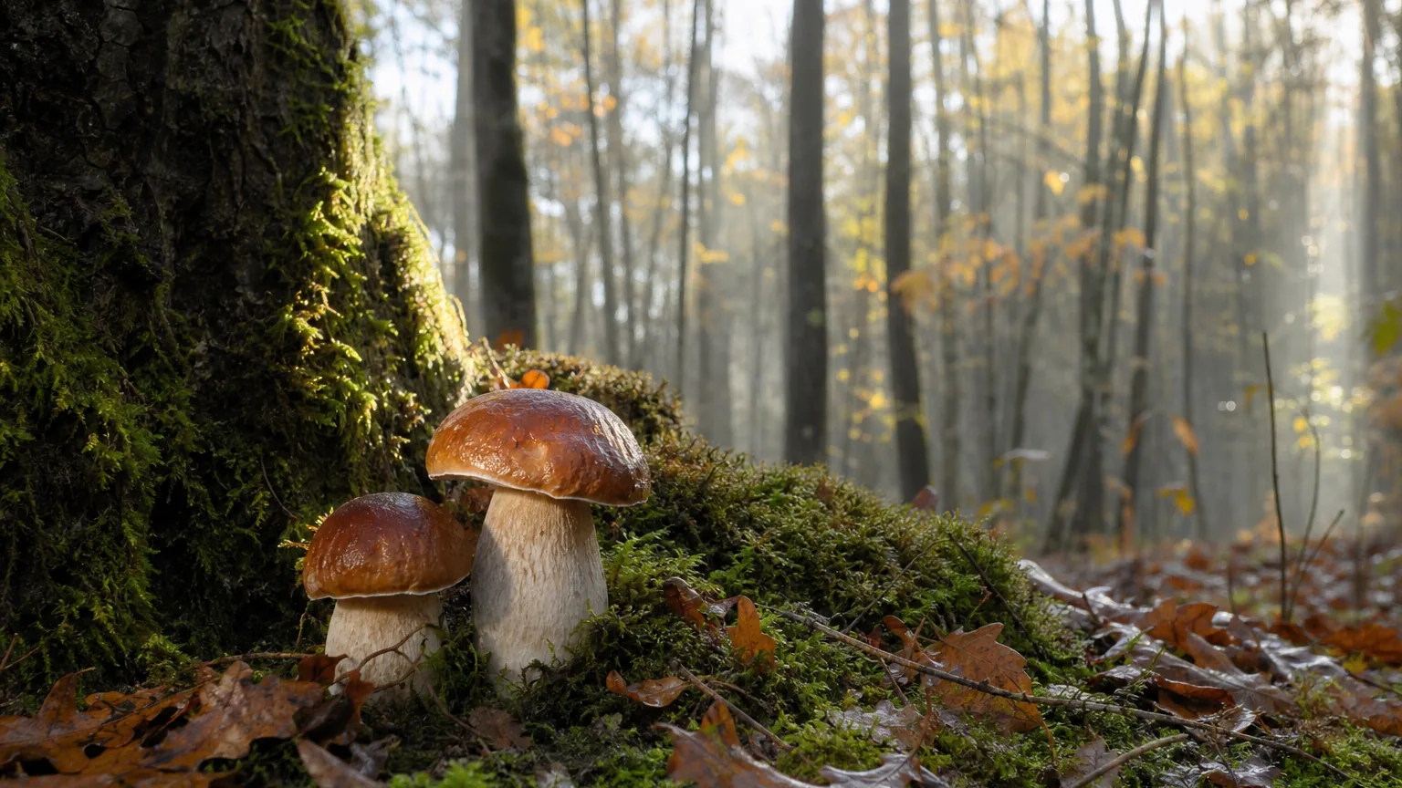 Jeunes cèpes émergeant de la mousse humide au pied d'un chêne, dans une forêt d'automne baignée de brume matinale.