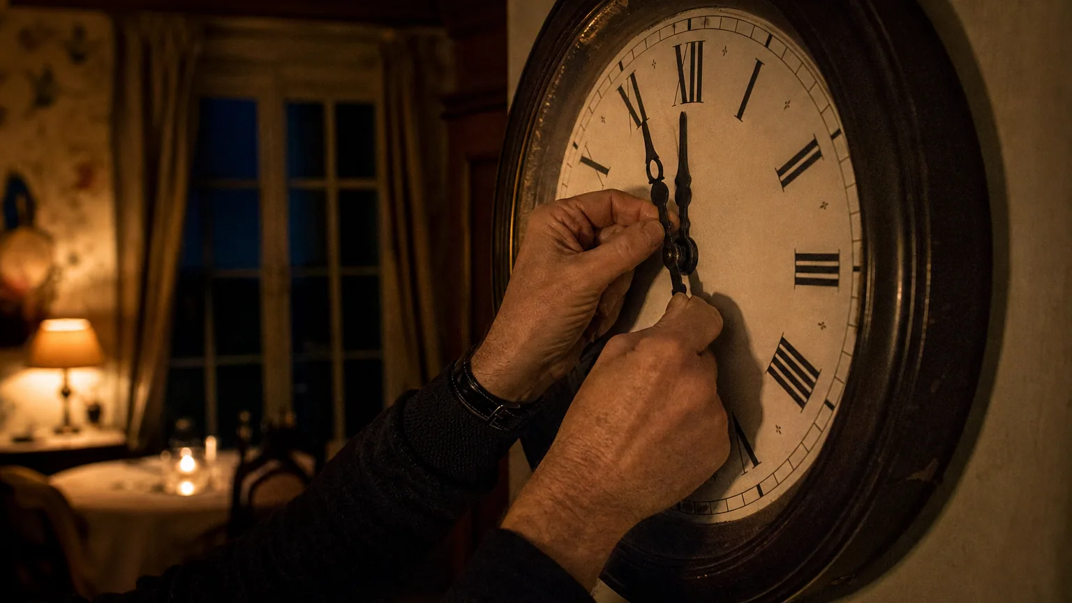 Mains réglant les aiguilles d'une ancienne horloge murale dans une salle à manger, à la lumière d'une lampe en soirée d'automne.