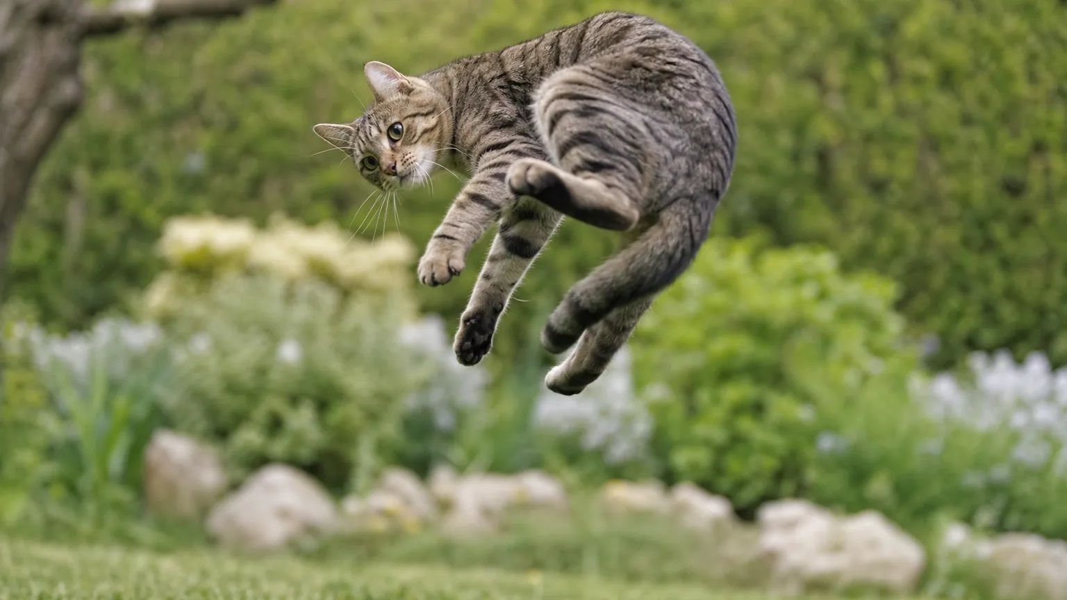 Chat en pleine chute contrôlée qui se retourne dans les airs, corps souple, lumière naturelle vive d'extérieur.