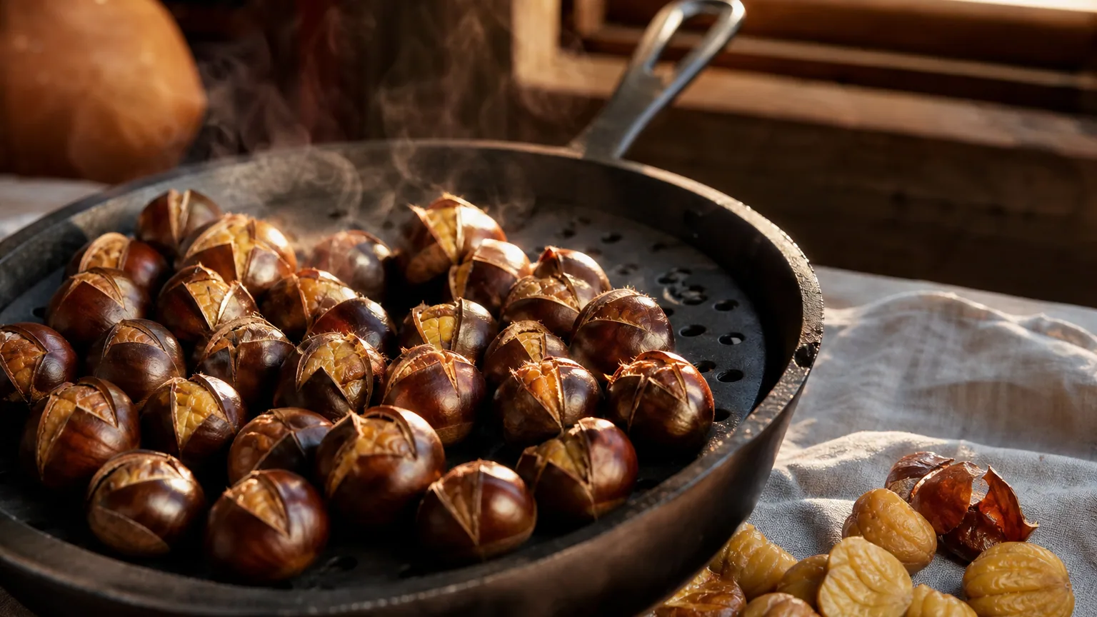 Châtaignes grillées entaillées en croix et à moitié ouvertes, dans une poêle en fonte trouée posée sur une table en bois.