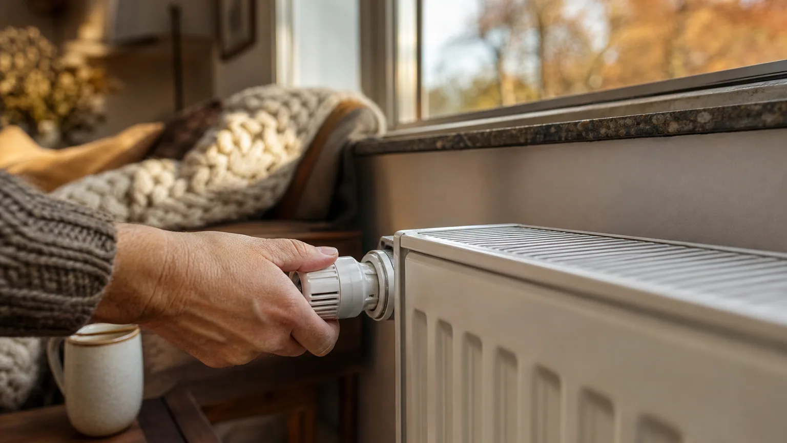 Main réglant le thermostat d'un radiateur blanc dans un salon d'automne, plaid posé sur un canapé à l'arrière-plan.