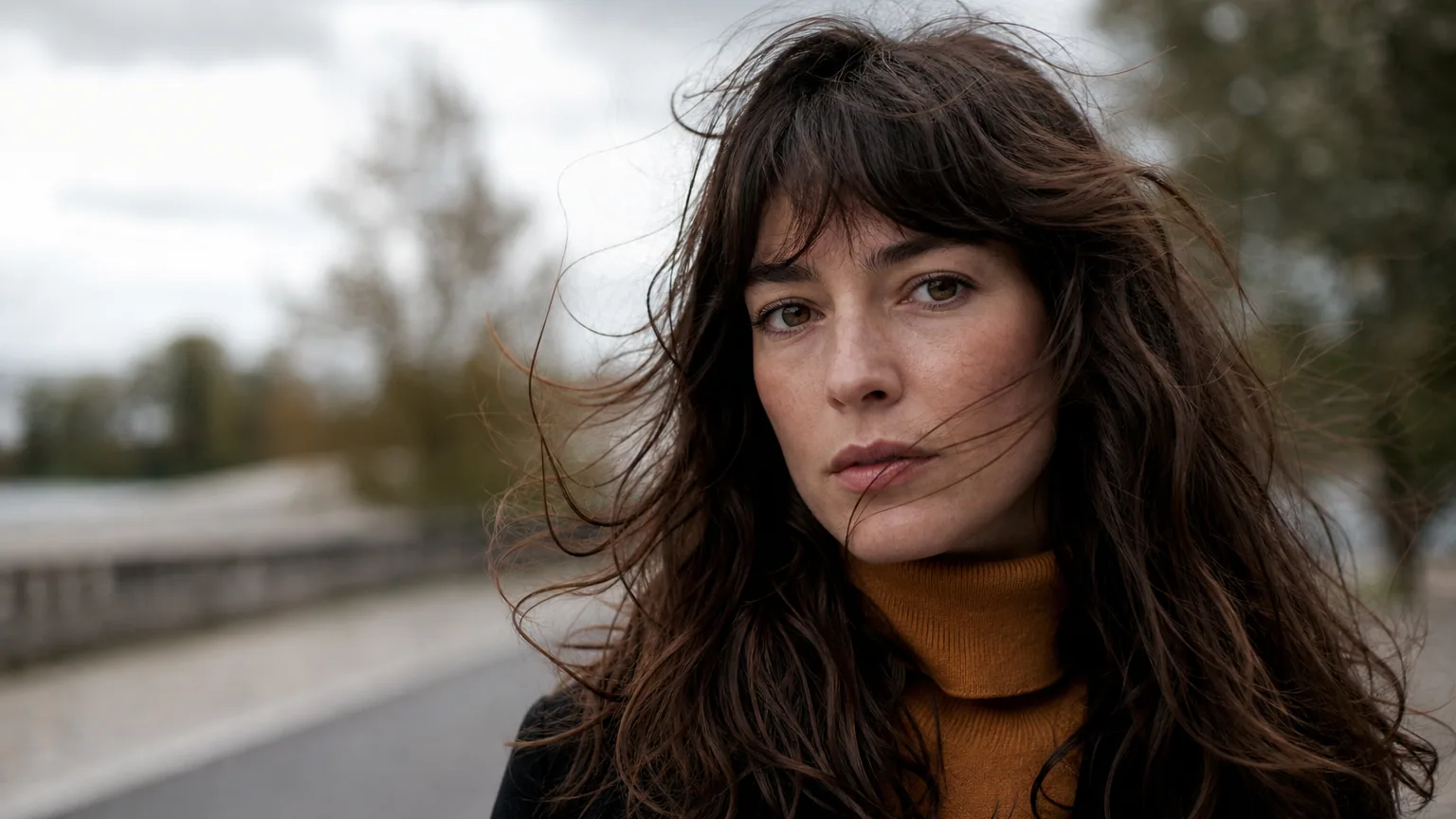 Portrait en extérieur d'une personne aux cheveux légèrement frisottés par temps humide, lumière naturelle diffuse, gouttelettes d'air visible en arrière-plan.