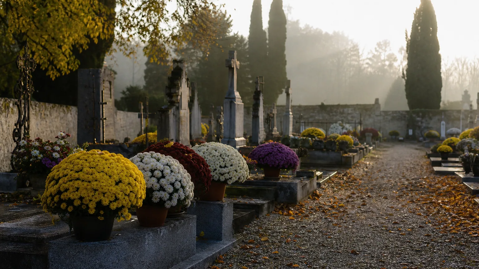Pots de chrysanthèmes jaunes, blancs et pourpres alignés devant les tombes d'un cimetière de village, un matin d'automne.