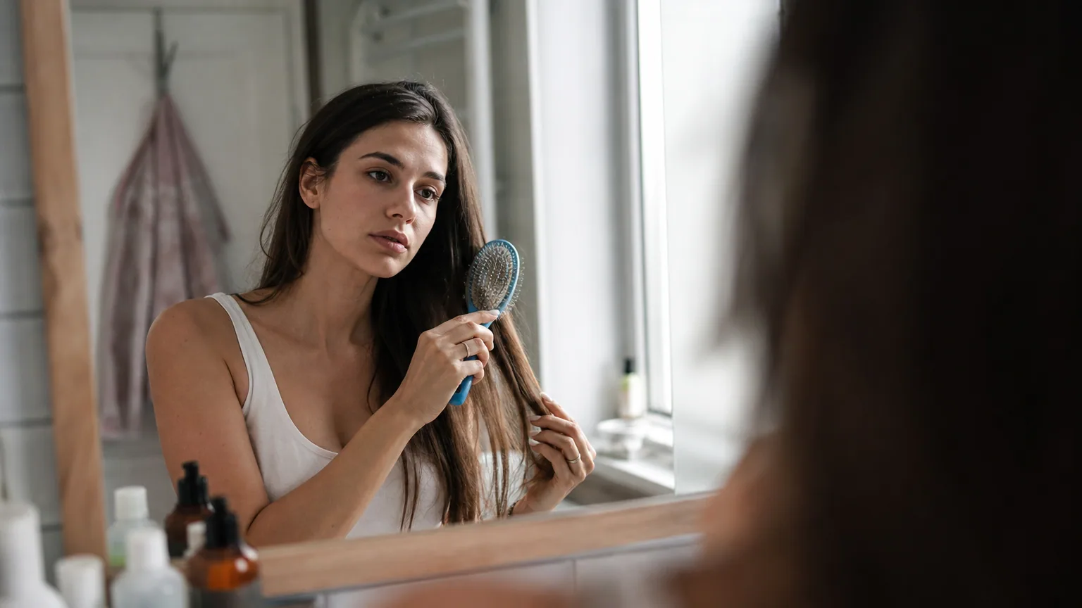 Jeune mère qui se brosse les cheveux devant un miroir, quelques cheveux visibles sur la brosse, lumière naturelle douce.