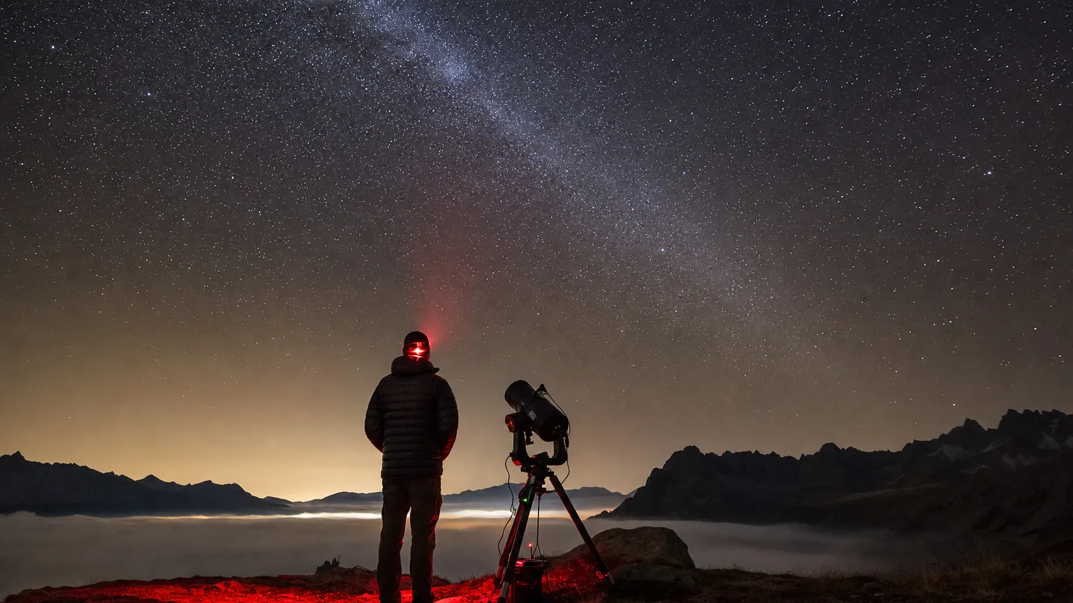 Un observateur près d'un télescope sous un ciel nocturne très sombre piqueté d'étoiles et traversé par la Voie lactée.