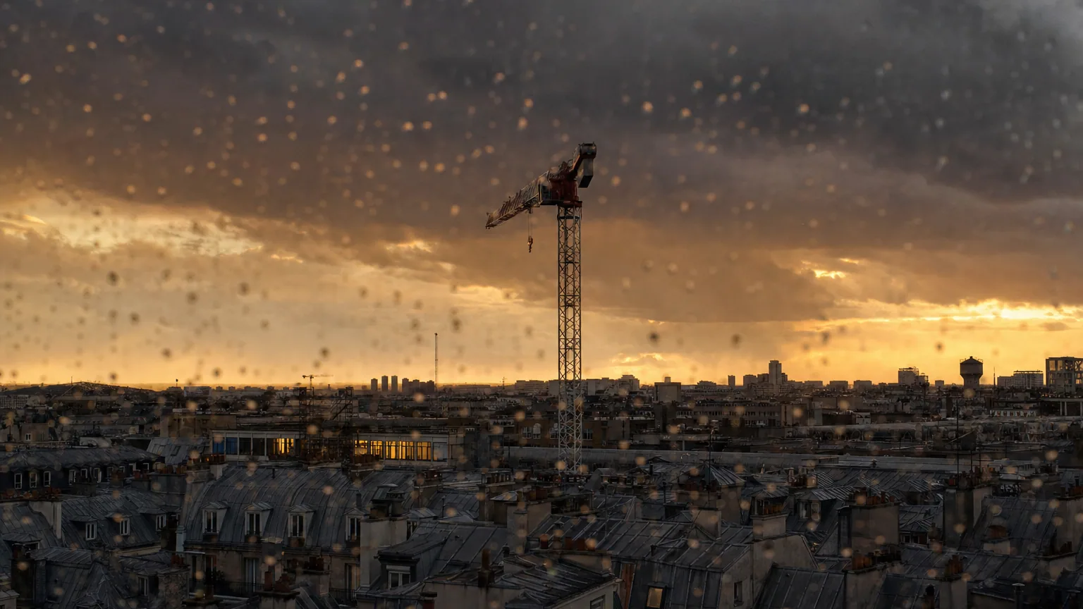 Ciel orange cuivré au-dessus de toits urbains à l'approche d'un orage, vu depuis une fenêtre, avec des gouttes sur la vitre.