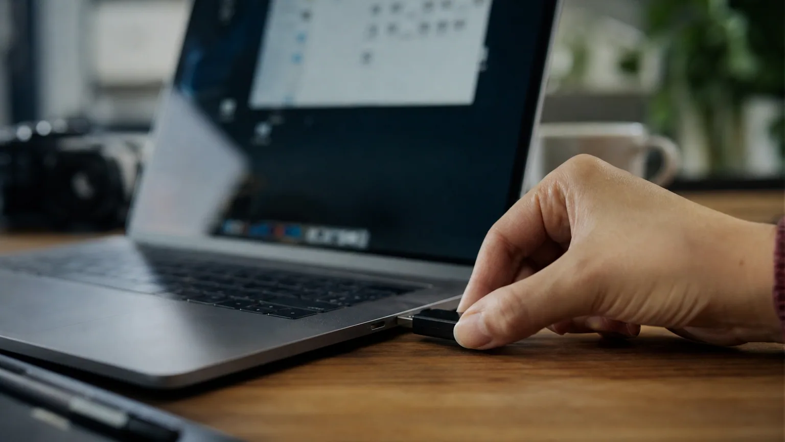 Main qui débranche une clé USB d'un ordinateur portable, écran affichant une fenêtre de transfert de fichiers, lumière de bureau naturelle.