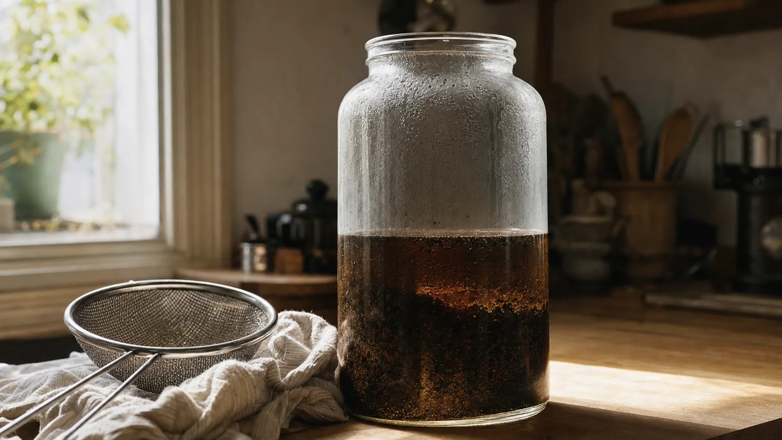 Bocal en verre rempli de café moulu et d'eau froide en cours d'infusion sur un plan de travail de cuisine éclairé par la lumière du matin.