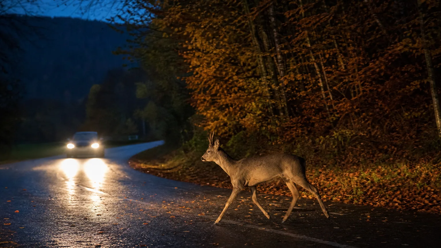 Chevreuil traversant une route de campagne bordée de forêt au crépuscule, éclairé par les phares d'une voiture en automne.