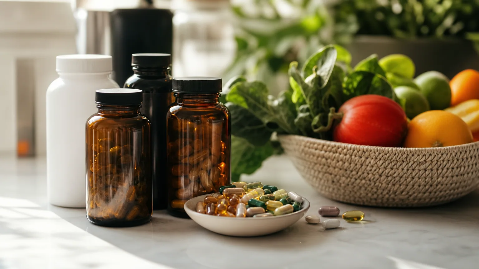 Flacons de compléments alimentaires sans étiquette et gélules dans une coupelle, à côté d'une corbeille de fruits et légumes frais.
