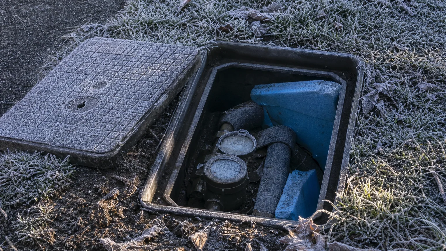 Compteurs d'eau dans un regard enterré ouvert, partiellement protégés par des plaques d'isolant bleu, dans un jardin couvert de givre.