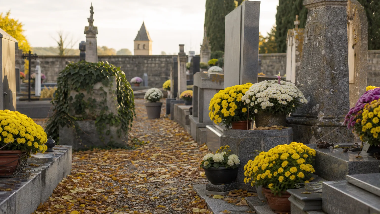 Allée d'un cimetière de village en automne, avec des tombes fleuries de chrysanthèmes et des feuilles mortes sur le gravier.