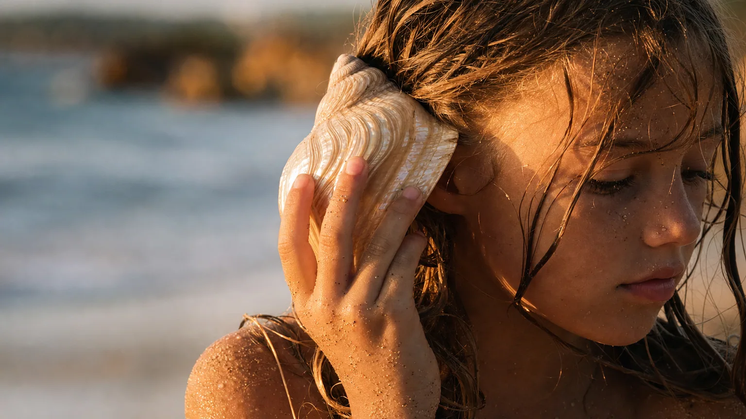 Une fillette colle un grand coquillage nacré contre son oreille sur une plage éclairée par la lumière dorée du soir.