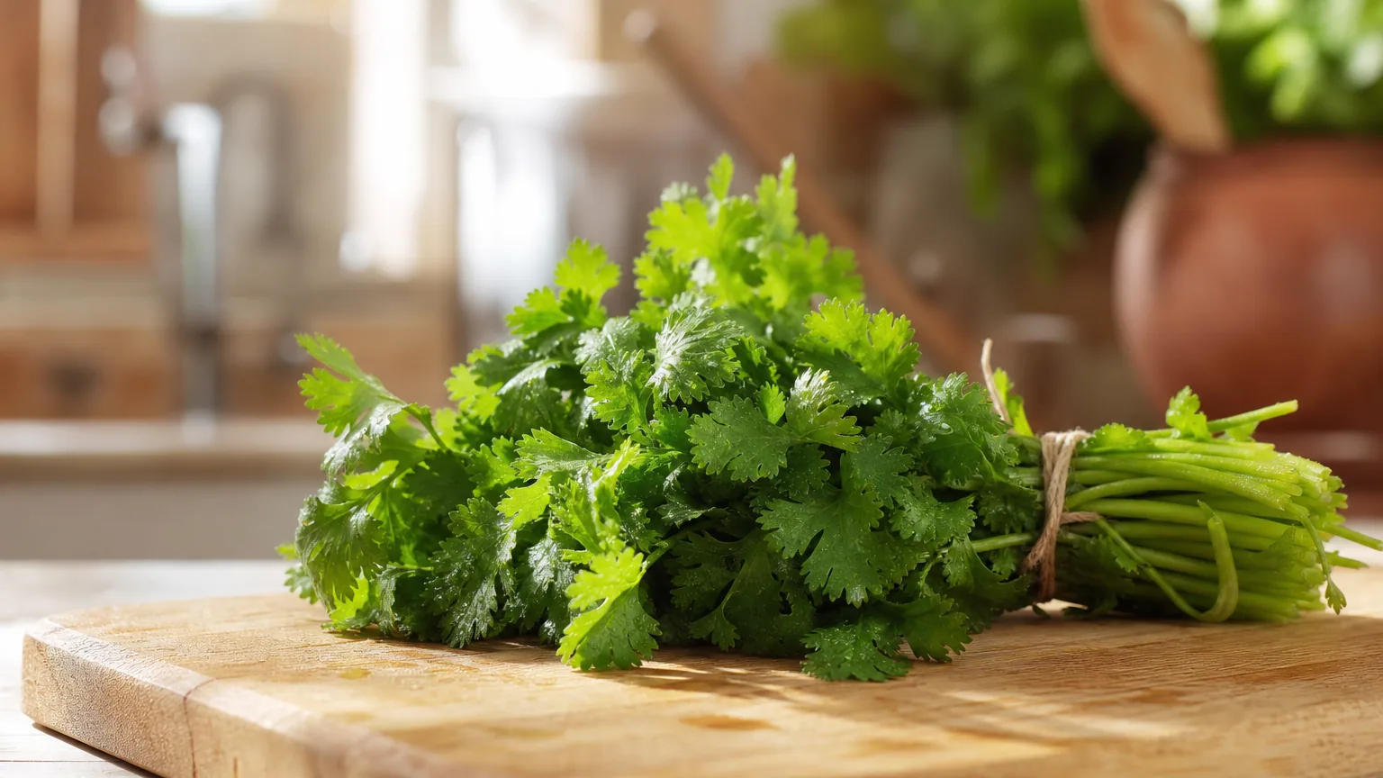 Bouquet de coriandre fraîche posé sur une planche en bois clair, feuilles vert vif encore humides, lumière naturelle douce de cuisine.