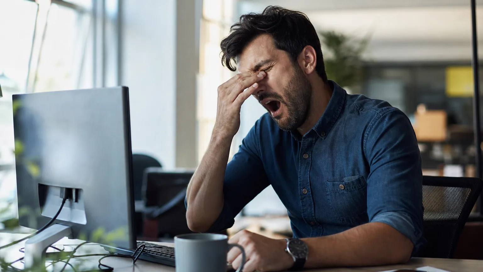 Personne assise à un bureau qui bâille et se frotte les yeux devant son ordinateur en début d'après-midi, lumière naturelle de bureau.