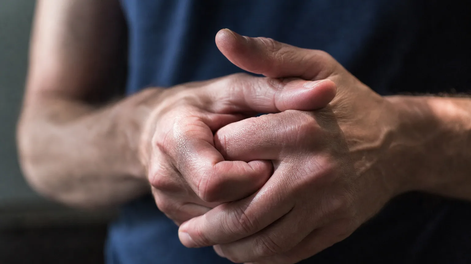 Gros plan de mains qui craquent les doigts, articulations tendues, lumière naturelle douce sur la peau.
