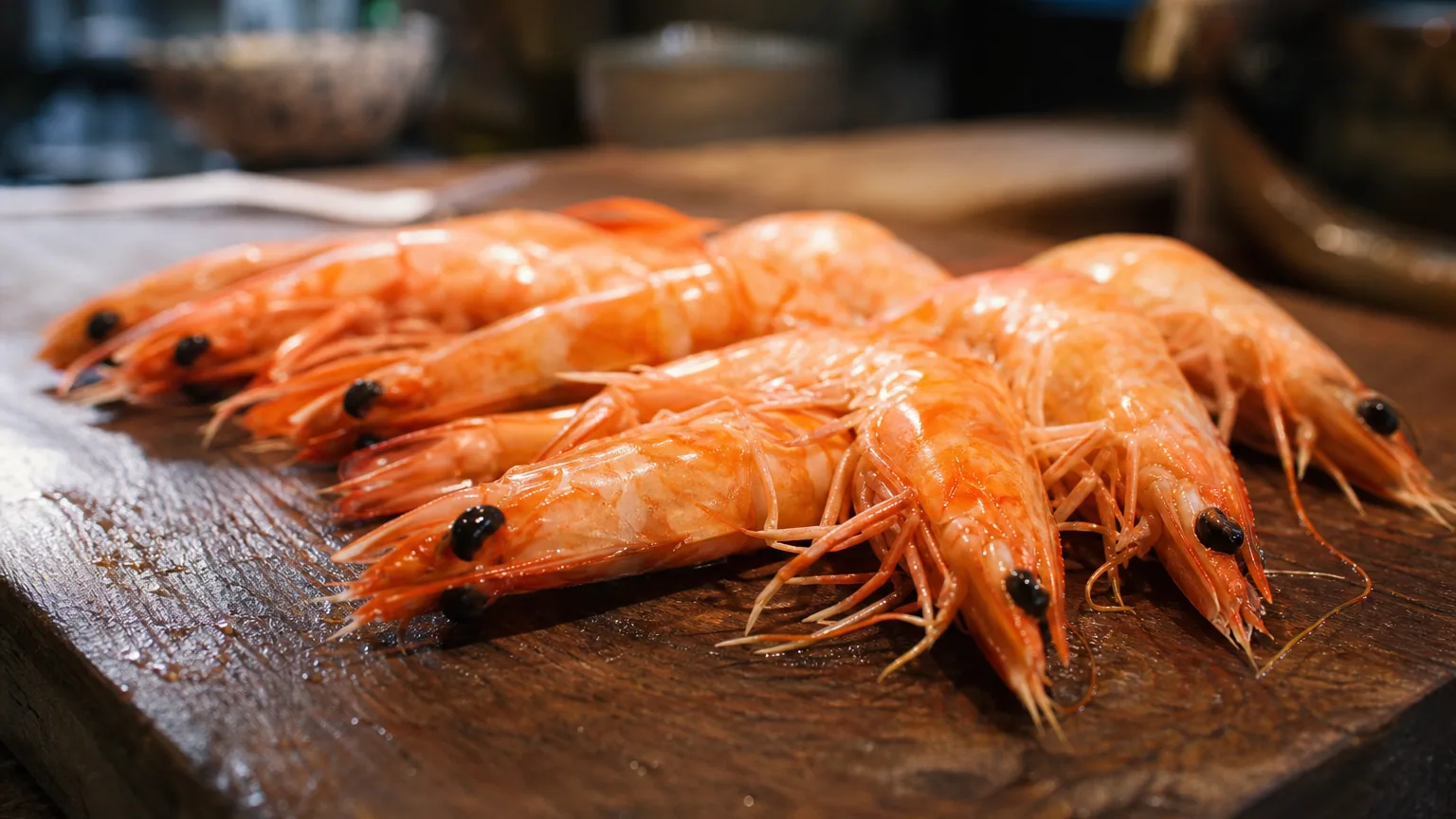 Crevettes roses fraîchement cuites disposées sur une planche en bois, quelques gouttes d'eau, lumière naturelle de cuisine.