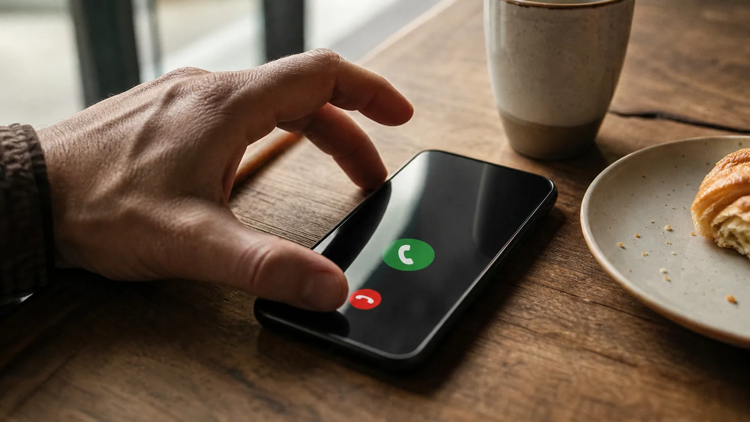 Smartphone posé sur une table de cuisine affichant un appel entrant d'un numéro inconnu, à côté d'une tasse de café.