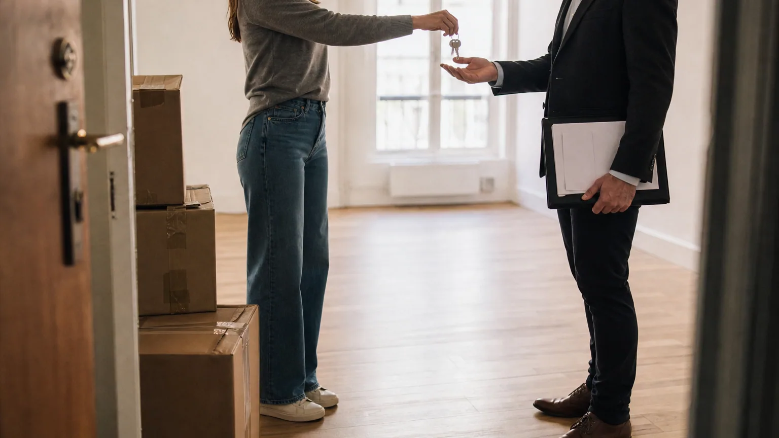 Locataire remettant un trousseau de clés à son propriétaire dans un appartement vide, lors de l'état des lieux de sortie.