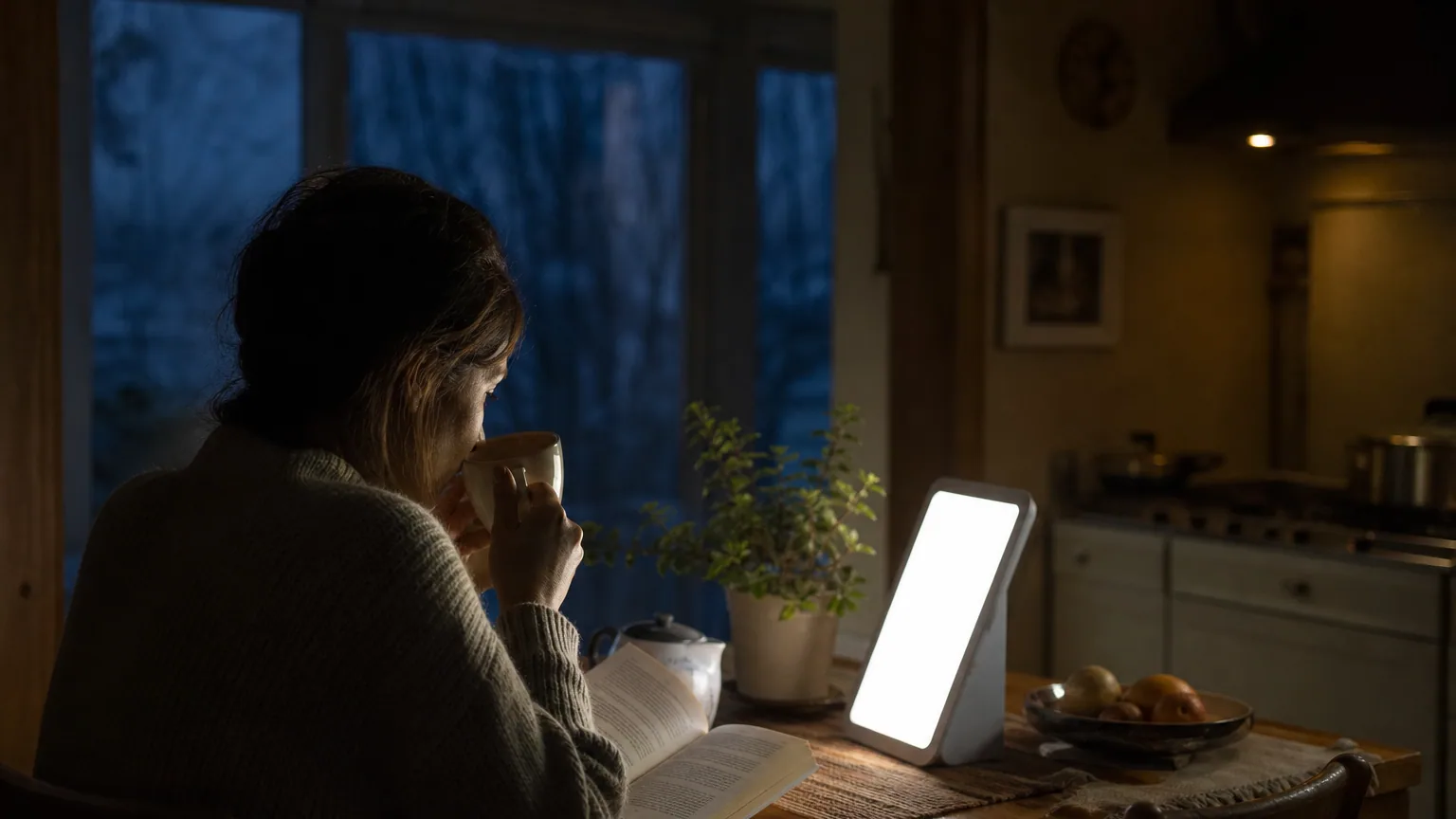 Personne buvant un café et lisant devant une lampe de luminothérapie allumée, tôt le matin en hiver, avec une fenêtre encore sombre.
