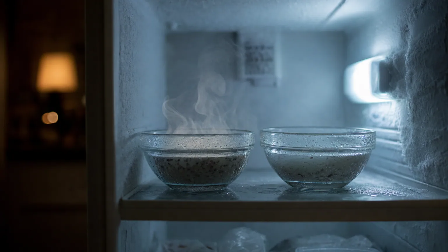 Deux bols d'eau identiques placés dans un congélateur, l'un fumant, l'autre froid, sous l'éclairage bleuté du compartiment.