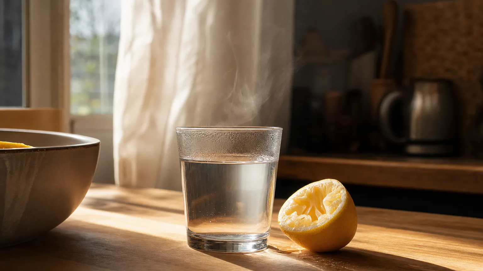 Un verre d'eau citronnée tiède et un demi-citron pressé sur un plan de travail en bois, éclairés par la lumière du matin.