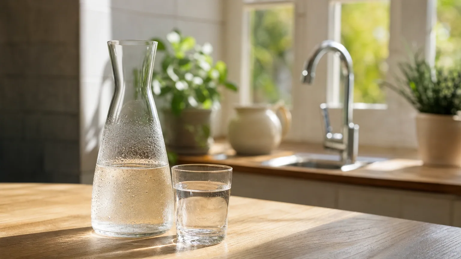 Carafe en verre remplie d'eau du robinet posée sur une table de cuisine, à côté d'un verre d'eau et d'un évier en arrière-plan.